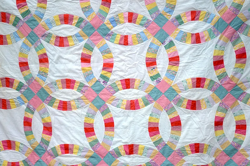 French General Double Wedding Ring quilt vintage 168x203 coton