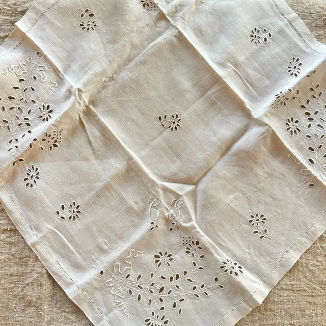 French General Vintage Linen Tea Set nappe + serviettes lin brodé CG