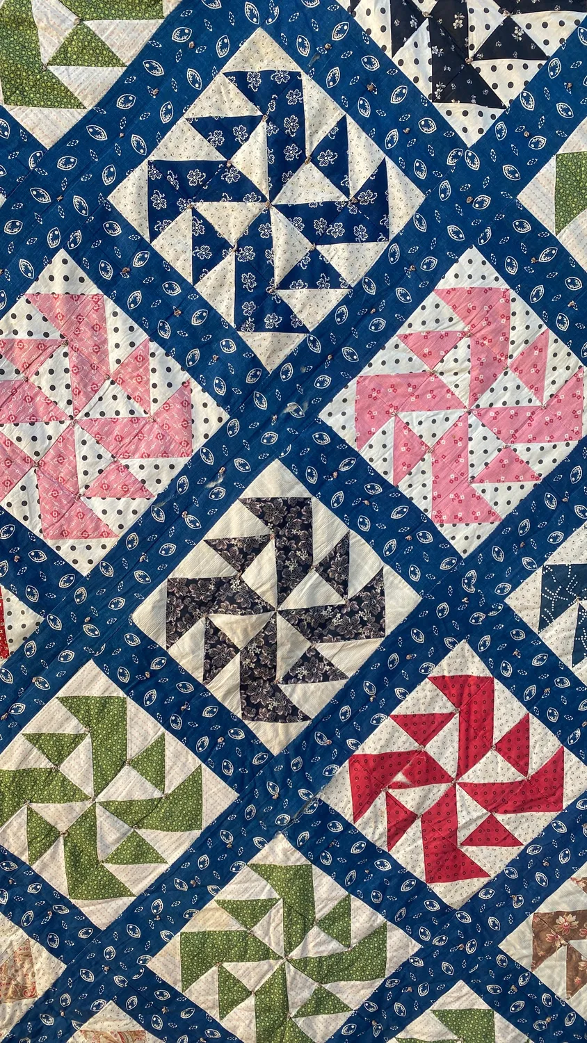 French General Pinwheel quilt ancien 224 cm coton indigo