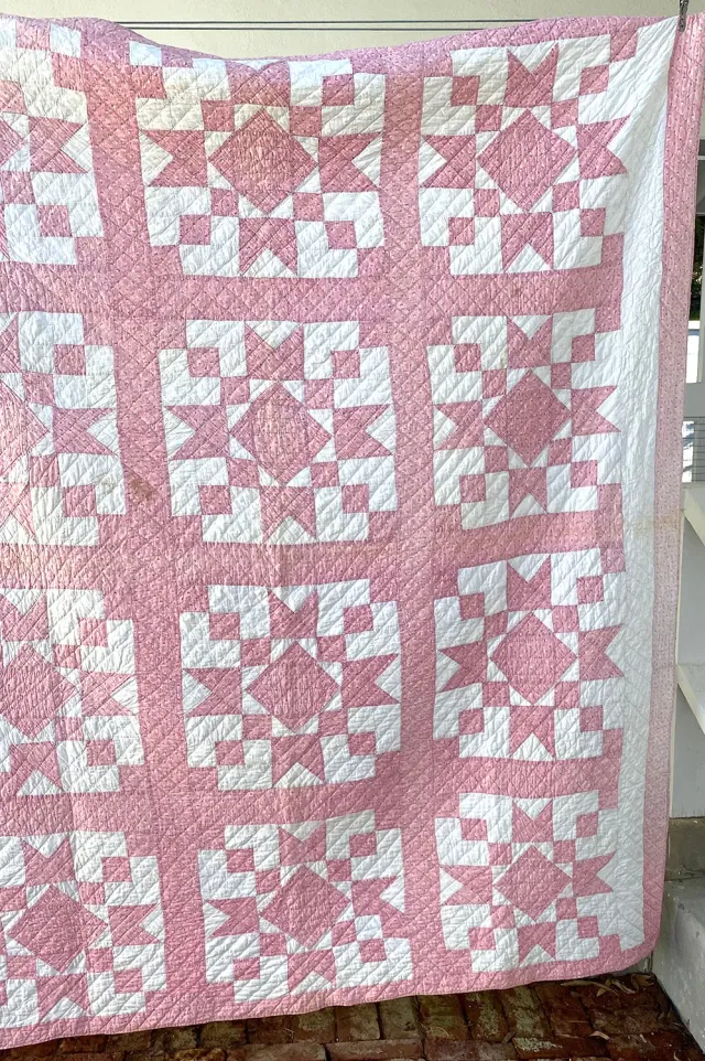 French General Ohio Stars quilt ancien main rose 183x213