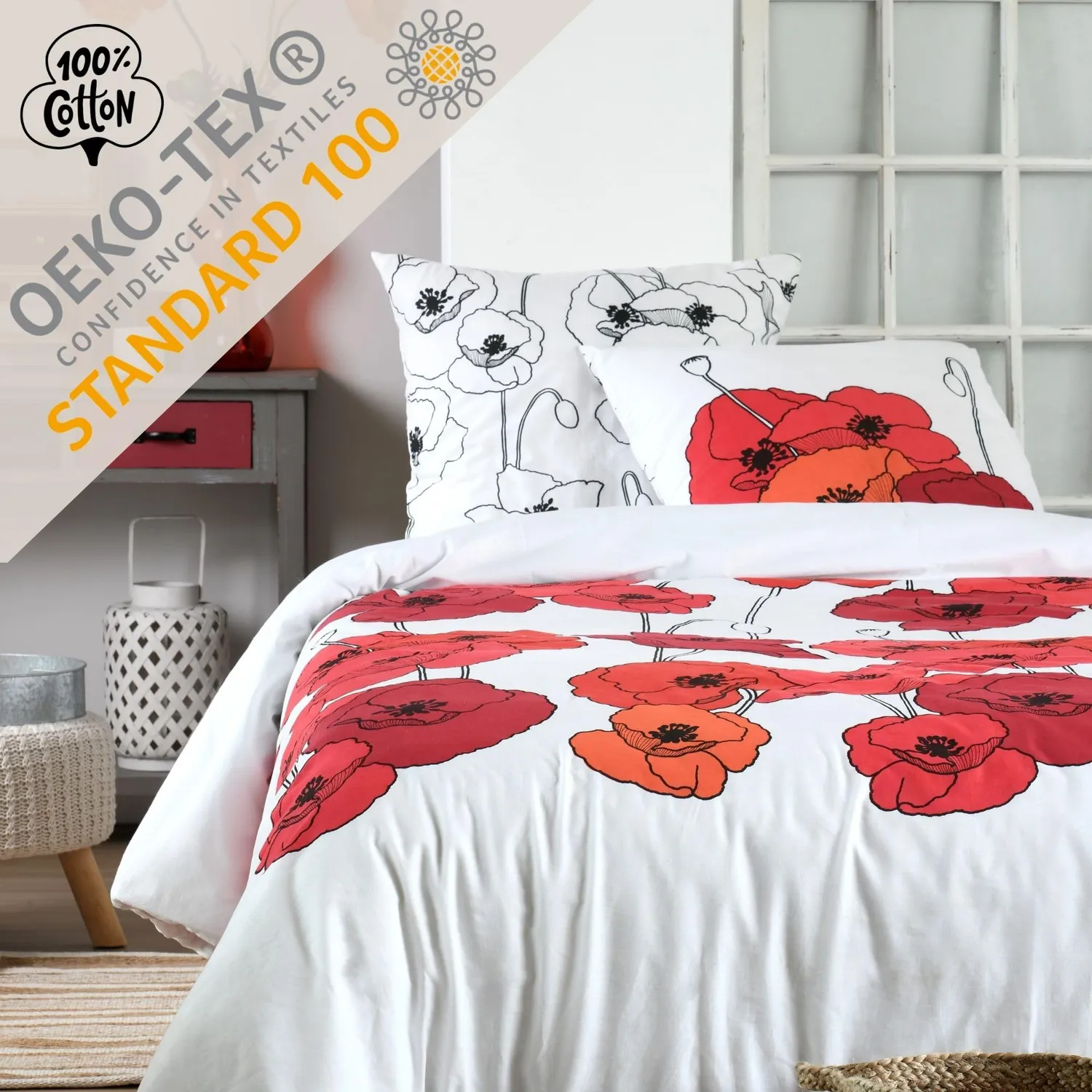 STOF Diane housse de couette 240x220 coton blanc rouge