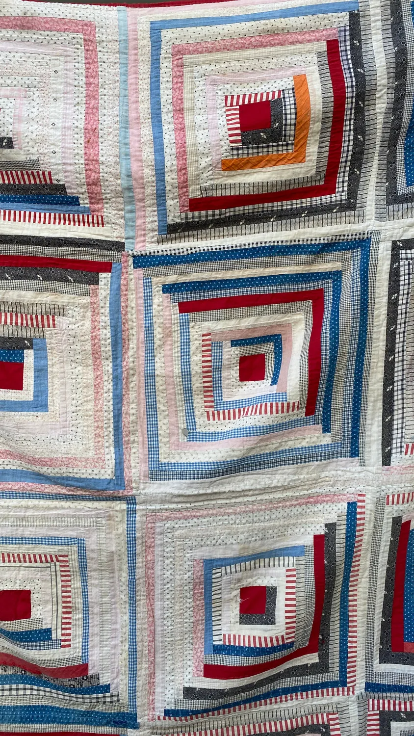 French General Early Log Cabin quilt ancien 68 pouces été