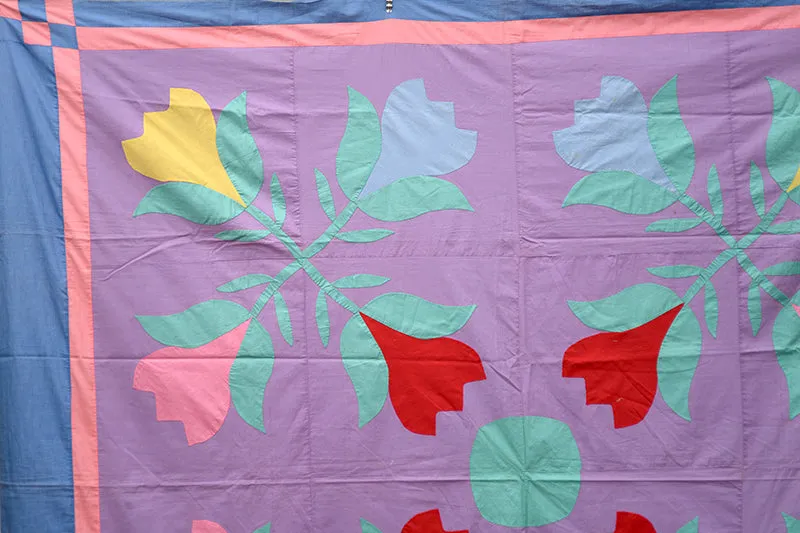 French General Tulip dessus de quilt ancien 198 x 224 cm appliqué main
