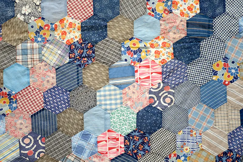 French General Hexagon dessus de quilt ancien indigo 190x211 cm