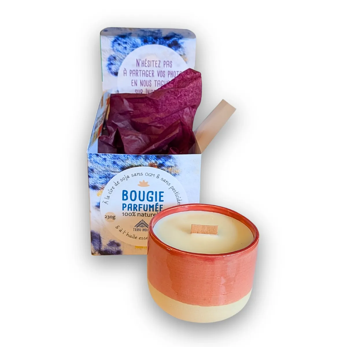 Tribu Indigo bougie palmarosa 40h mèche bois cire soja