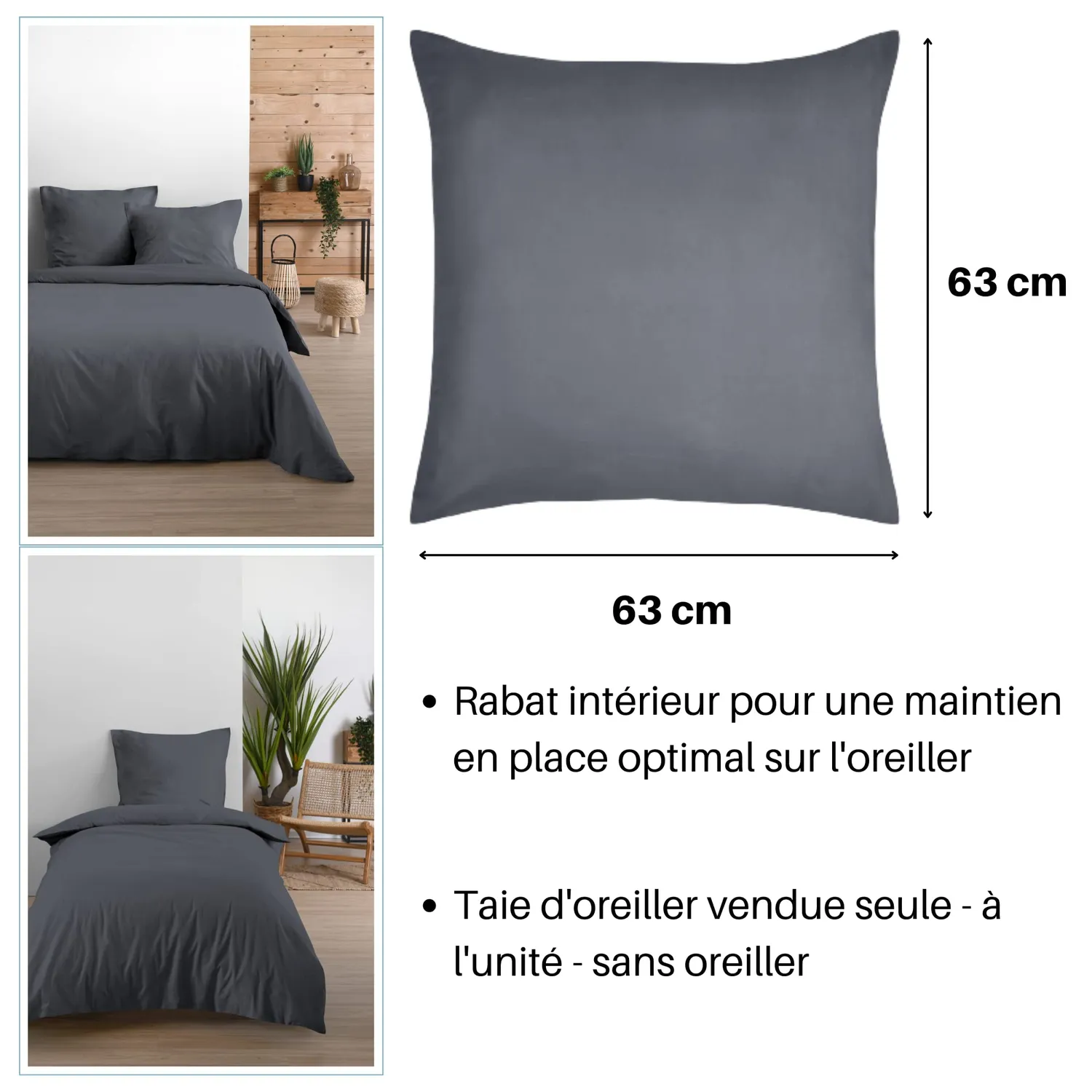 Stof Eden taie d’oreiller 63x63 cm ardoise coton