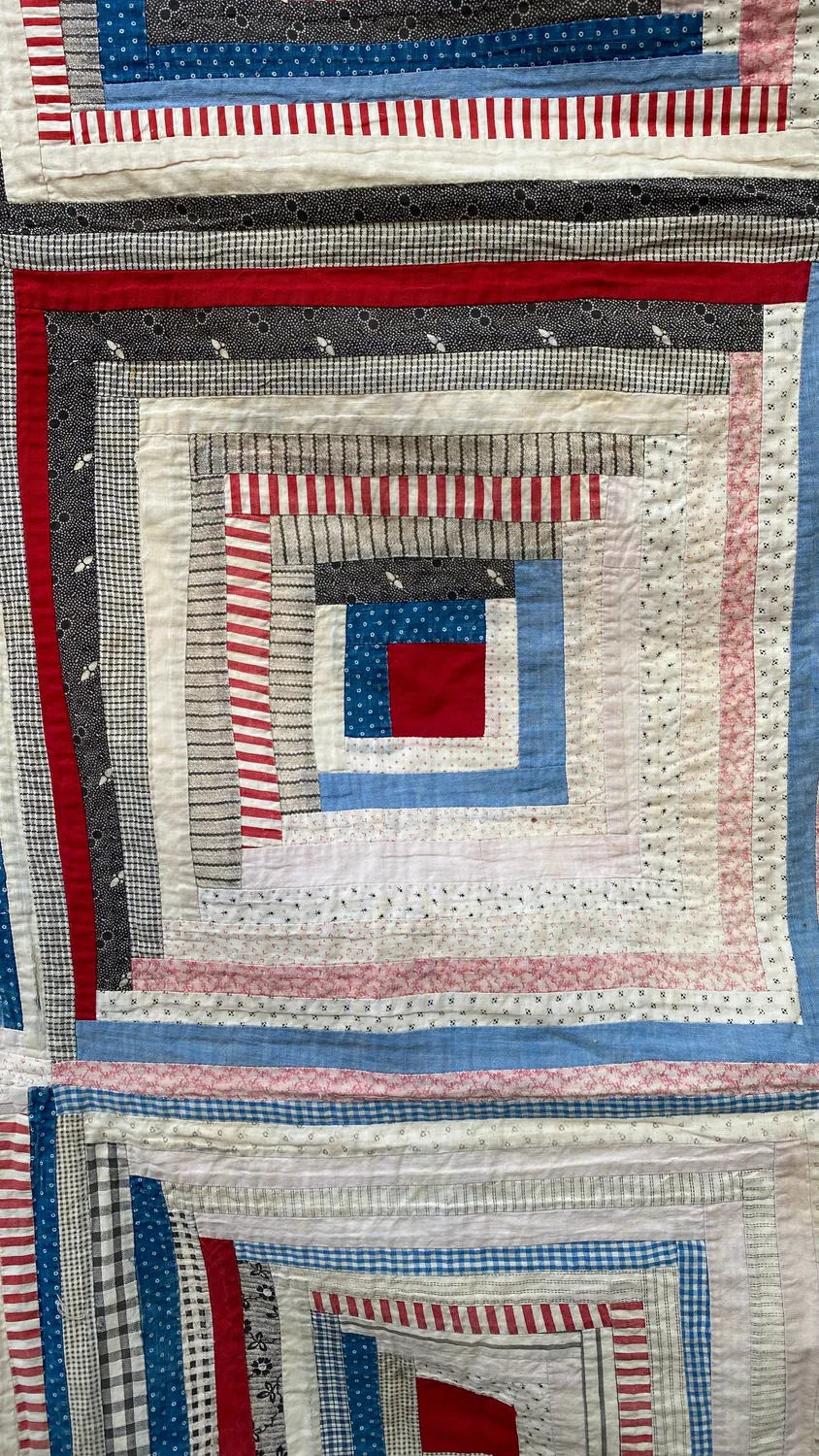 French General Early Log Cabin quilt ancien 68 pouces été