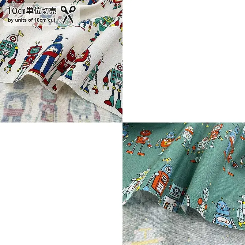 Yoko Saito Many Robots tissu coton au mètre vert