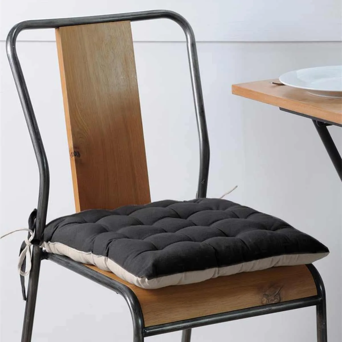 STOF Duo galette de chaise coton noir lin 40x40 cm