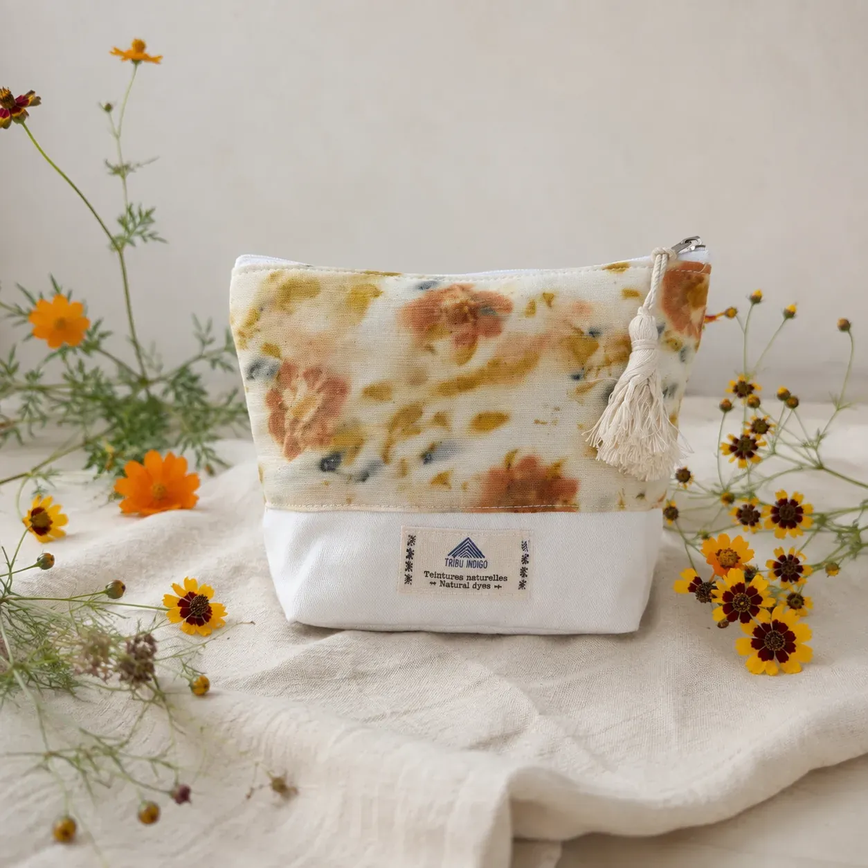 Tribu Indigo Ecoprint petite pochette tissu 18x15 fleurs
