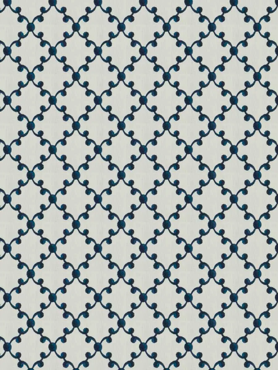 French General Morisette Bleu tissu d’ameublement au mètre indigo brodé