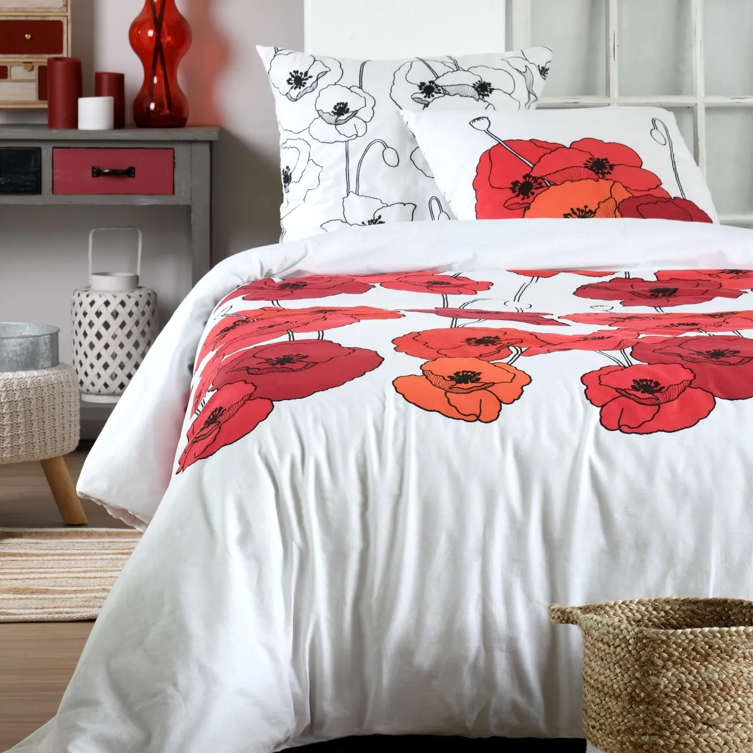 STOF Diane housse de couette 240x220 coton blanc rouge