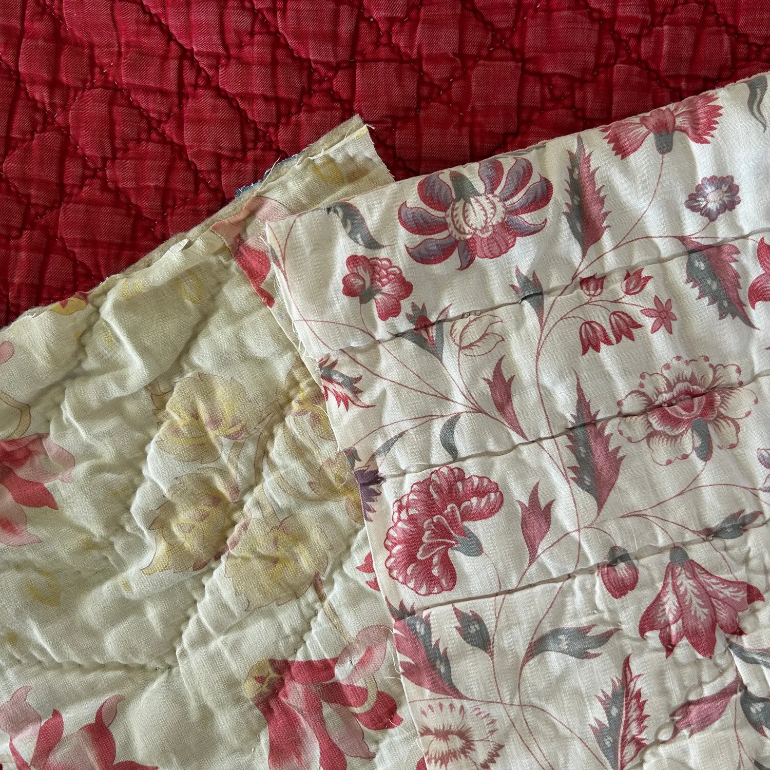 French General Antique Quilted Scraps coupons anciens lot de 3