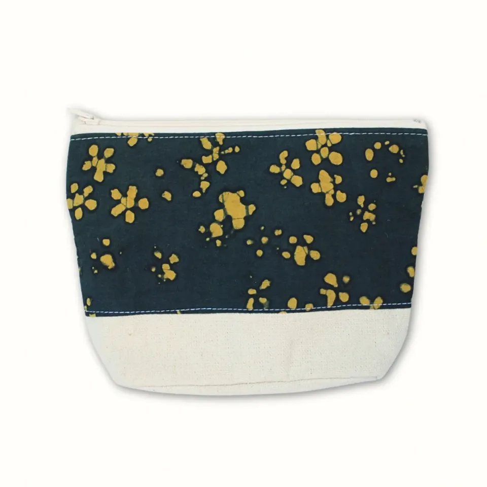 Tribu Indigo Dabu fleurs pochette tissu 18x15 coton bio