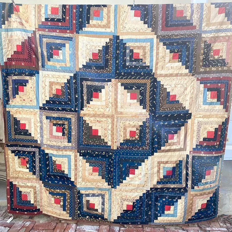 French General Log Cabin quilt ancien soie 208x211 cm