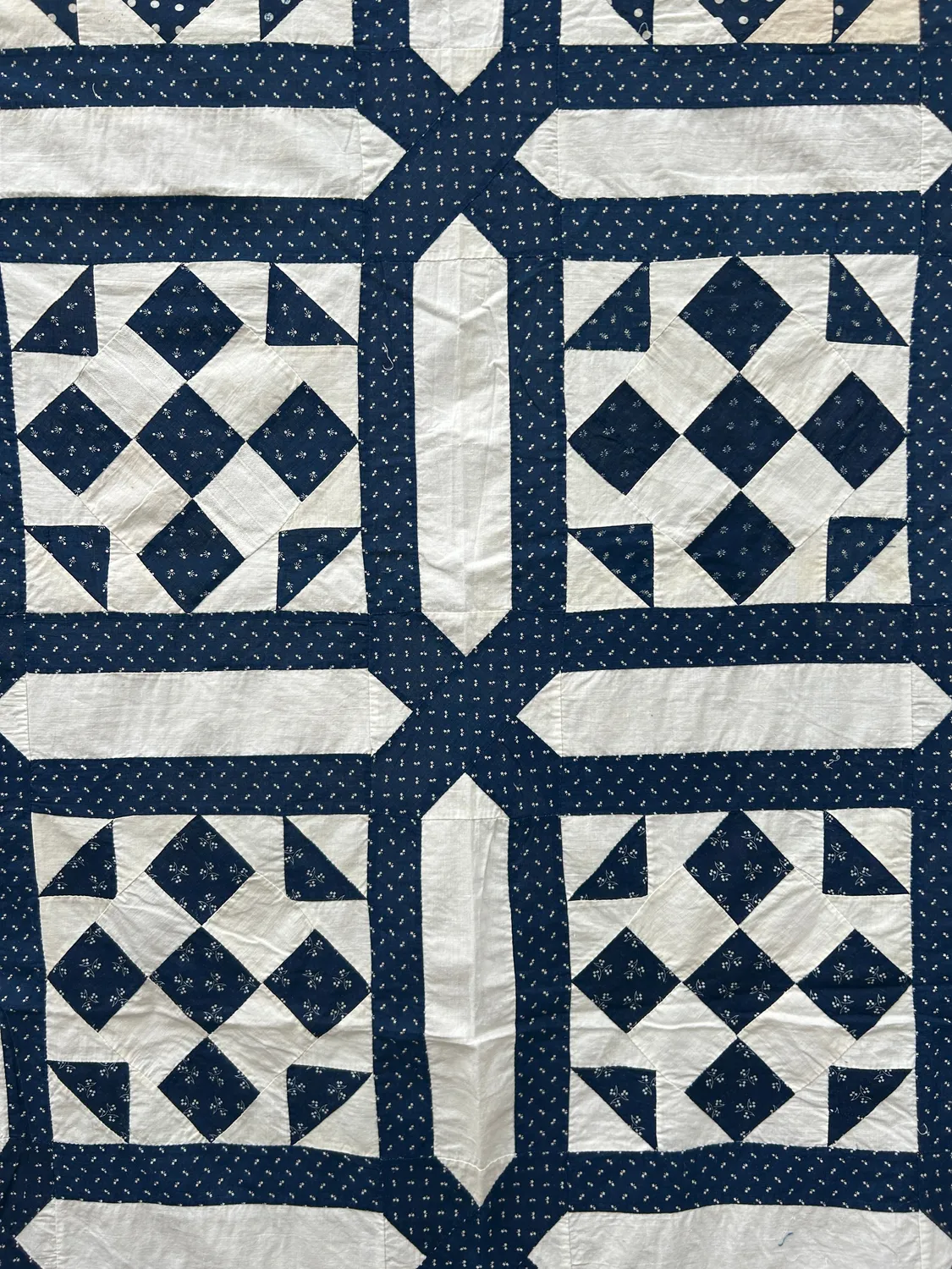 French General Nine Patch dessus quilt indigo ancien 178x224 cm