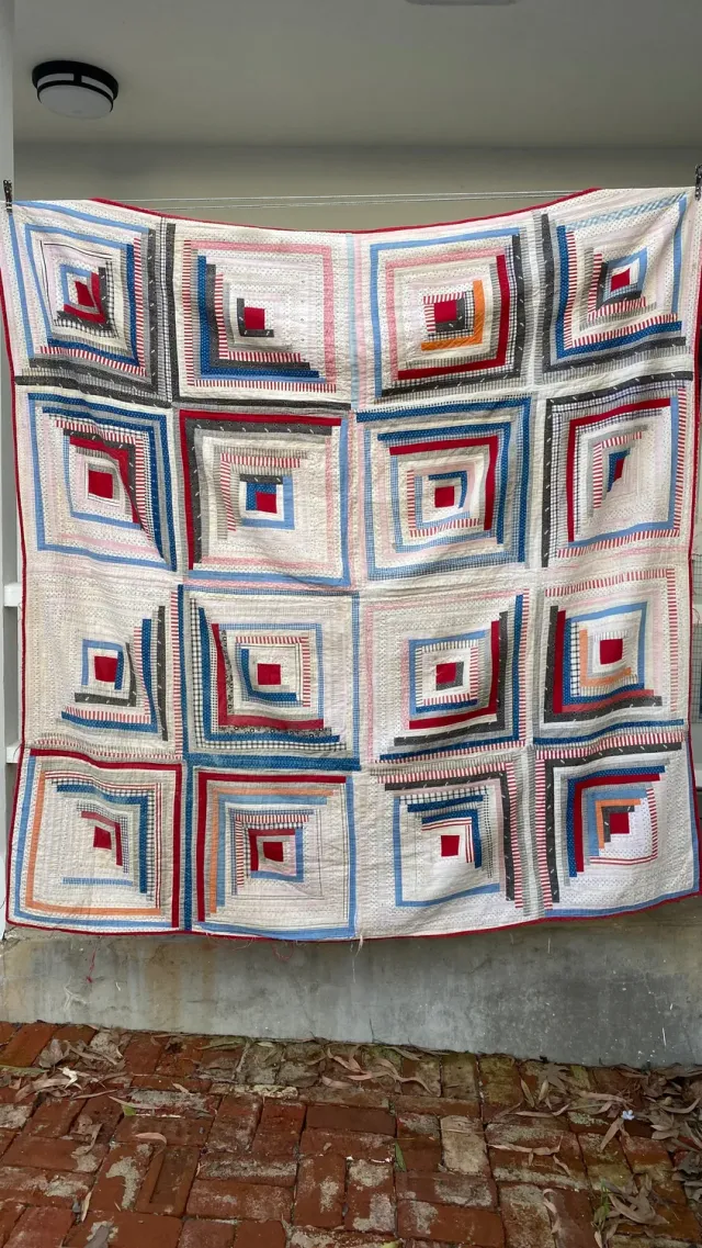 French General Early Log Cabin quilt ancien 68 pouces été