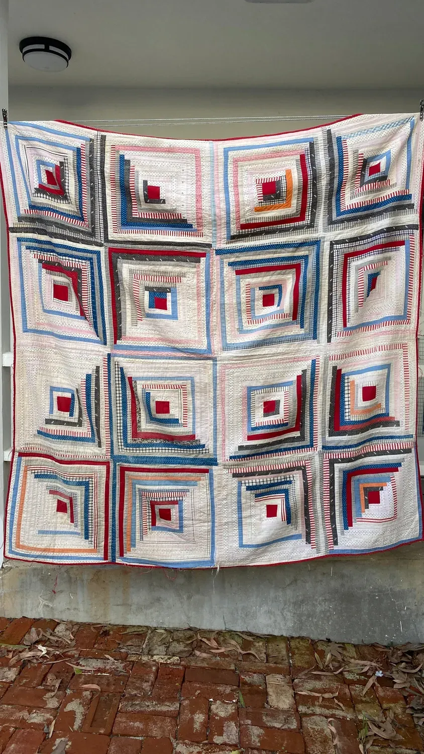 French General Early Log Cabin quilt ancien 68 pouces été