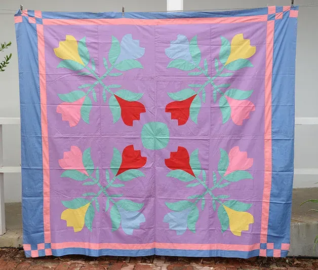 French General Tulip dessus de quilt ancien 198 x 224 cm appliqué main