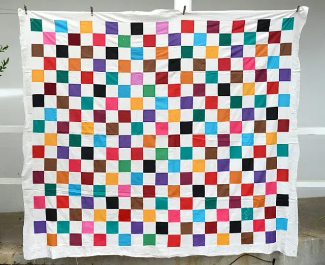 French General Checkerboard dessus de quilt damier vintage 178x203 cm