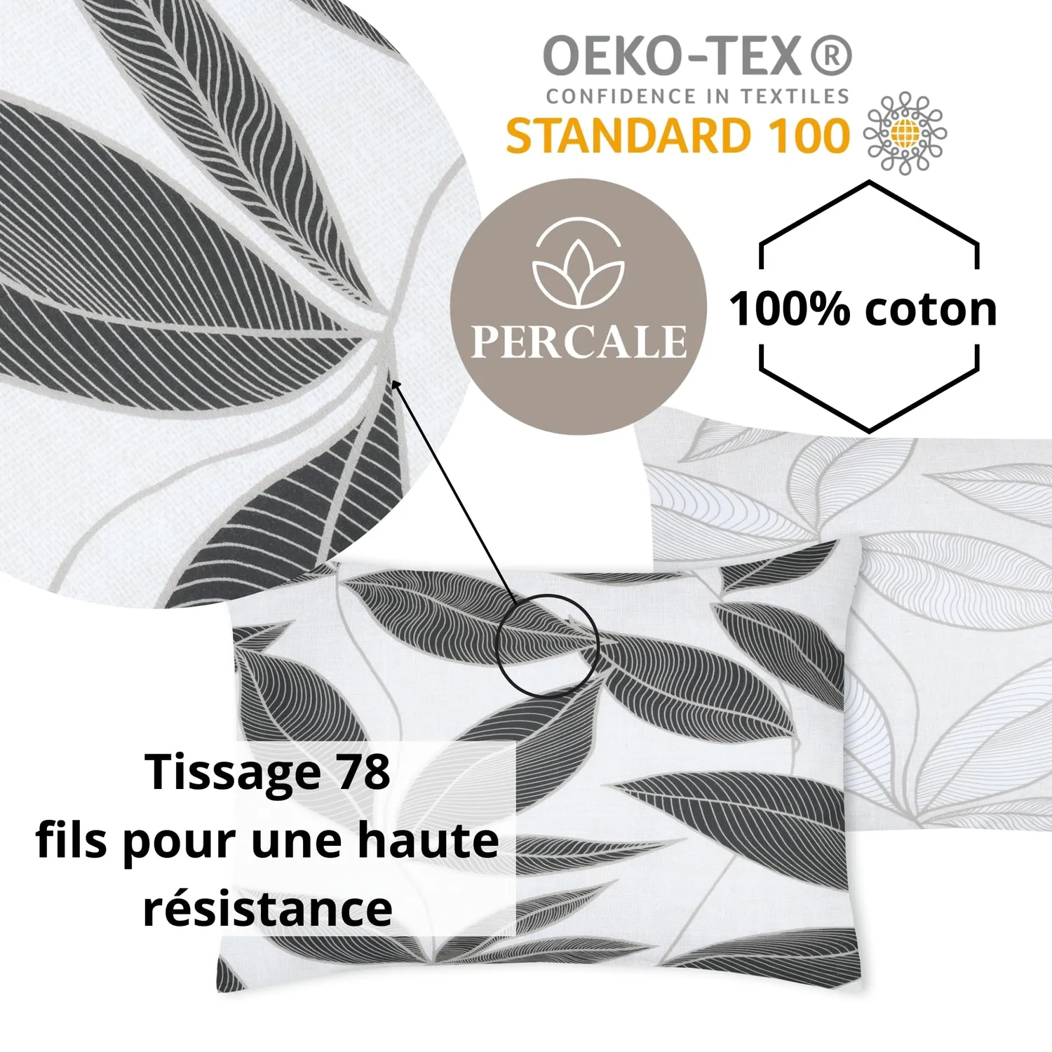STOF Matisse taie d’oreiller 50x70 noir blanc percale coton