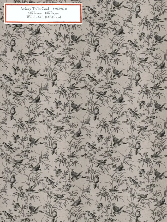 French General Aviary Toile Coal tissu ameublement au mètre