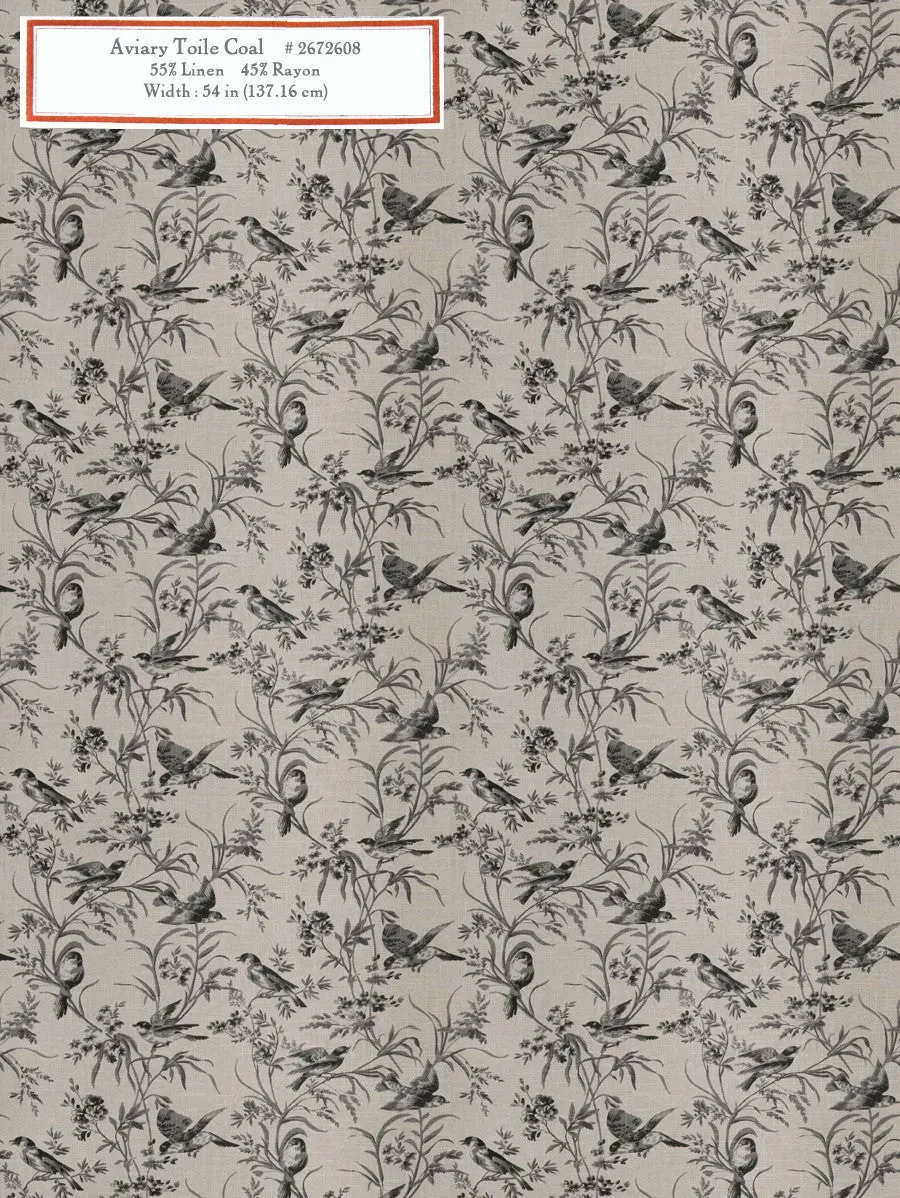 French General Aviary Toile Coal tissu ameublement au mètre