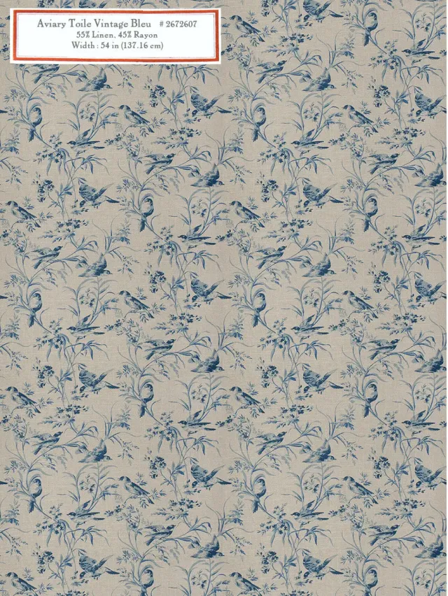 French General Aviary Toile tissu déco vintage bleu au mètre