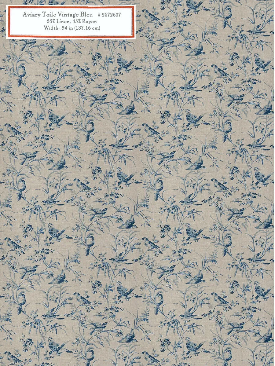 French General Aviary Toile tissu déco vintage bleu au mètre