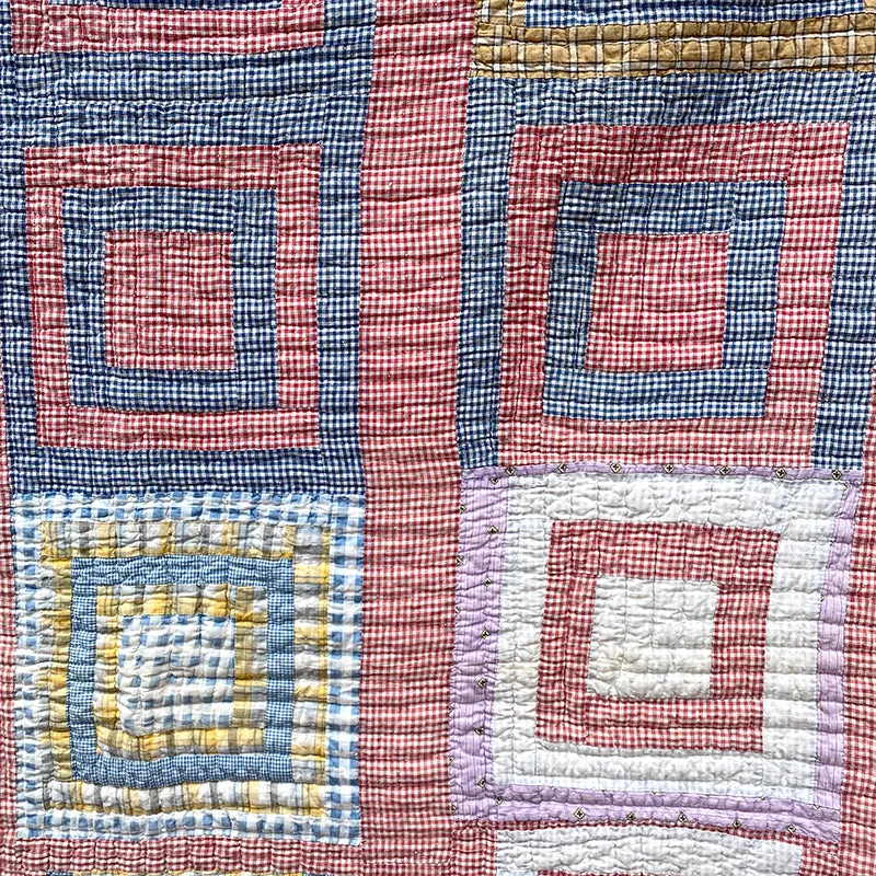 French General Vintage Log Cabin Quilt quilt ancien 58x70 vichy