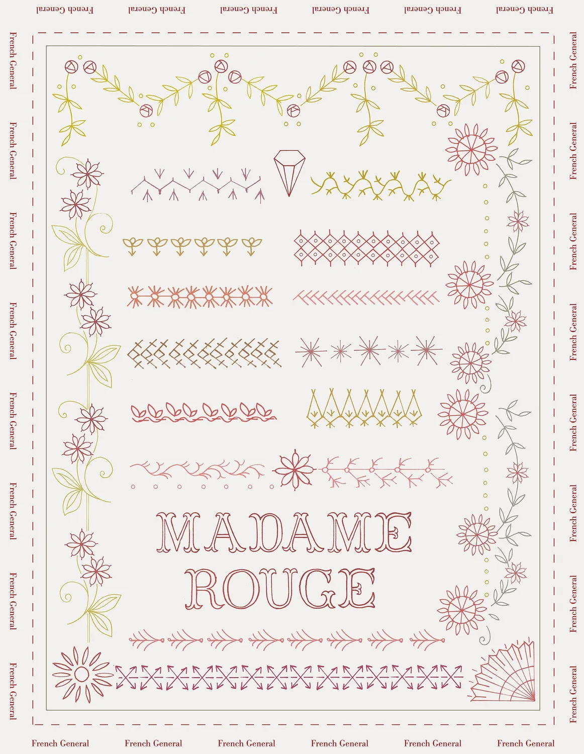 French General Madame Rouge sampler broderie lin gris