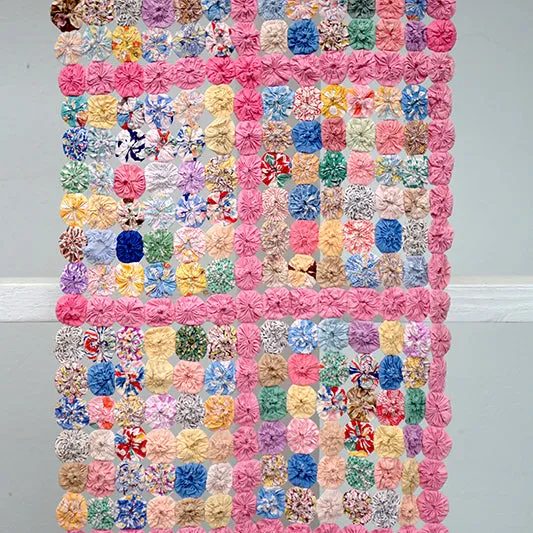 French General Yo-Yo quilt ancien 1930 cousu main 48x178 cm