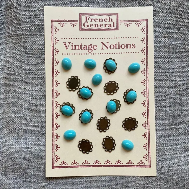French General Vintage Turquoise cabochons oval laiton x12