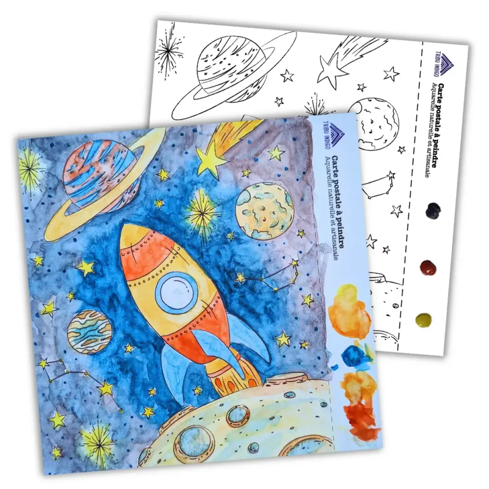 Tribu Indigo Espace carte DIY à peindre fusée + aquarelle