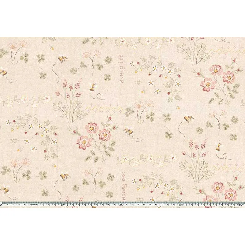 Yoko Saito 2026-01-A11 tissu coton beige fleurs abeilles au mètre