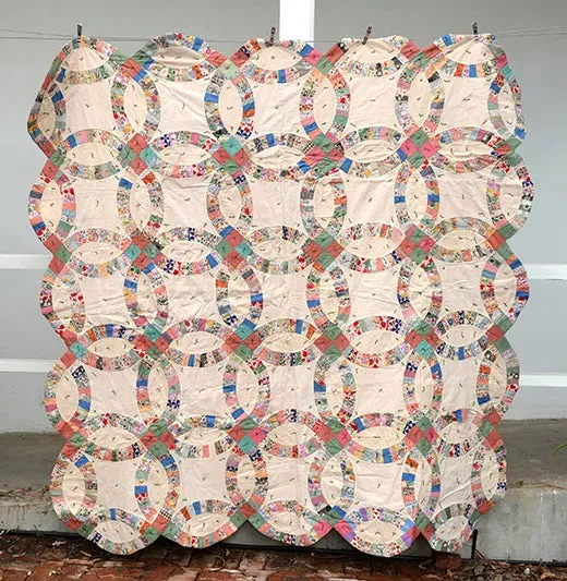 French General Double Wedding Ring quilt ancien 76x76