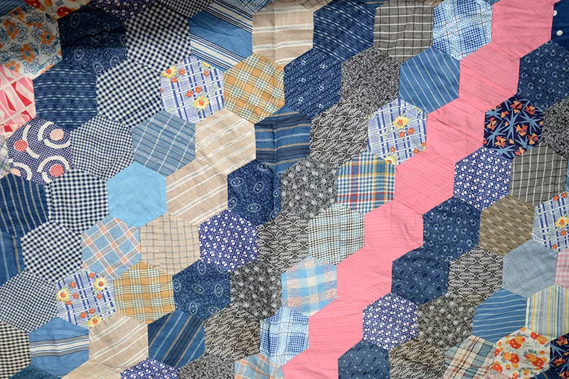 French General Hexagon dessus de quilt ancien indigo 190x211 cm